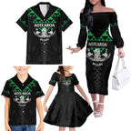 Personalised Aotearoa Rugby Family Matching Off The Shoulder Long Sleeve Dress and Hawaiian Shirt New Zealand Maori Kete Matauranga Pattern
