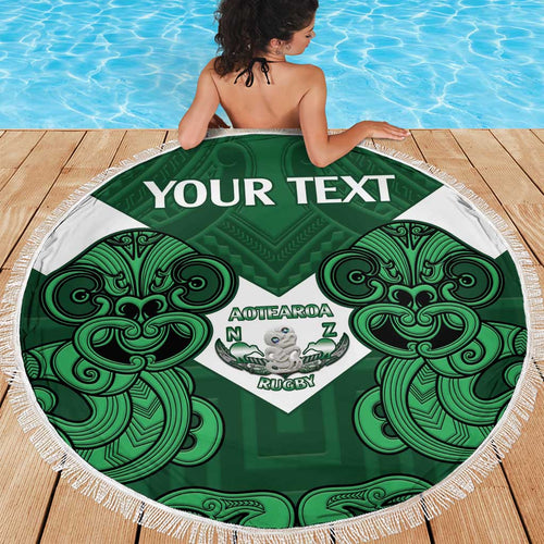 Custom Aotearoa Rugby Beach Blanket New Zealand Maori Kete Poutama Pattern