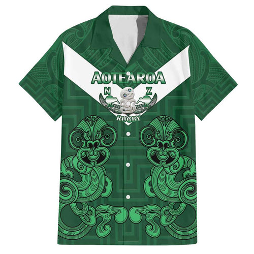 Custom Aotearoa Rugby Family Matching Off Shoulder Short Dress and Hawaiian Shirt New Zealand Maori Kete Poutama Pattern