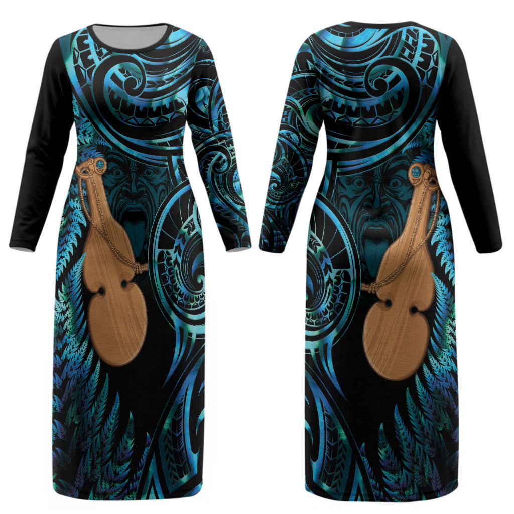 Kotiate New Zealand Couples Matching Long Sleeve Bodycon Dress and Hawaiian Shirt Maori Weapon Paua Shell Haka Fern LT14
