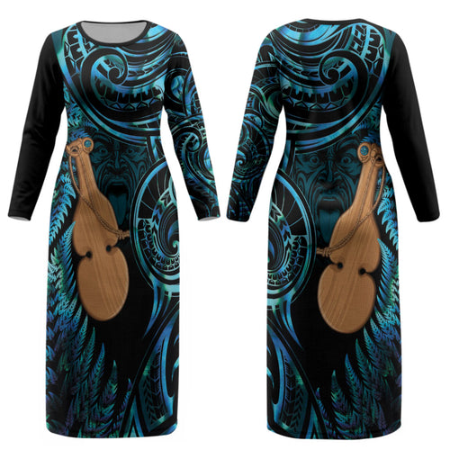 Kotiate New Zealand Couples Matching Long Sleeve Bodycon Dress and Hawaiian Shirt Maori Weapon Paua Shell Haka Fern LT14