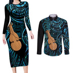 Kotiate New Zealand Couples Matching Long Sleeve Bodycon Dress and Long Sleeve Button Shirt Maori Weapon Paua Shell Haka Fern