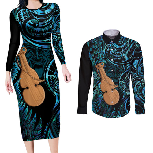 Kotiate New Zealand Couples Matching Long Sleeve Bodycon Dress and Long Sleeve Button Shirt Maori Weapon Paua Shell Haka Fern