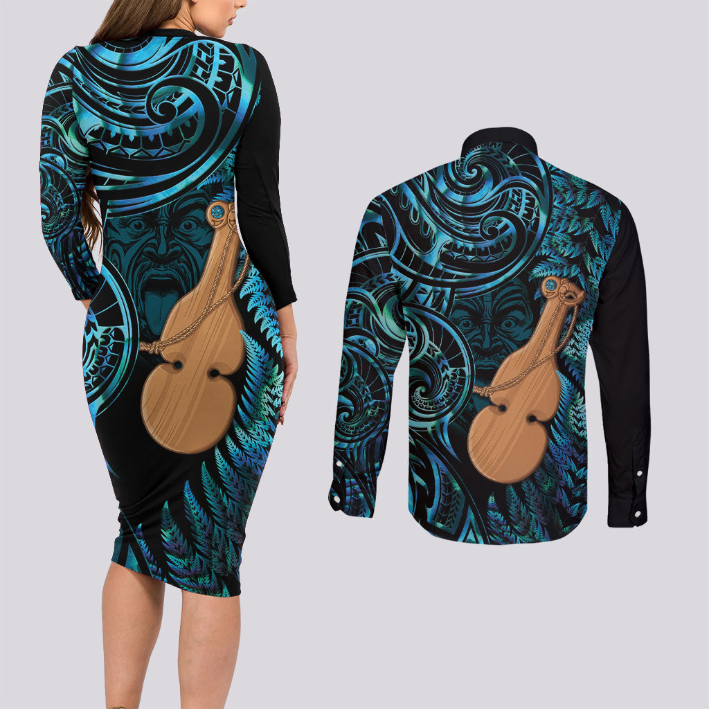 Kotiate New Zealand Couples Matching Long Sleeve Bodycon Dress and Long Sleeve Button Shirt Maori Weapon Paua Shell Haka Fern