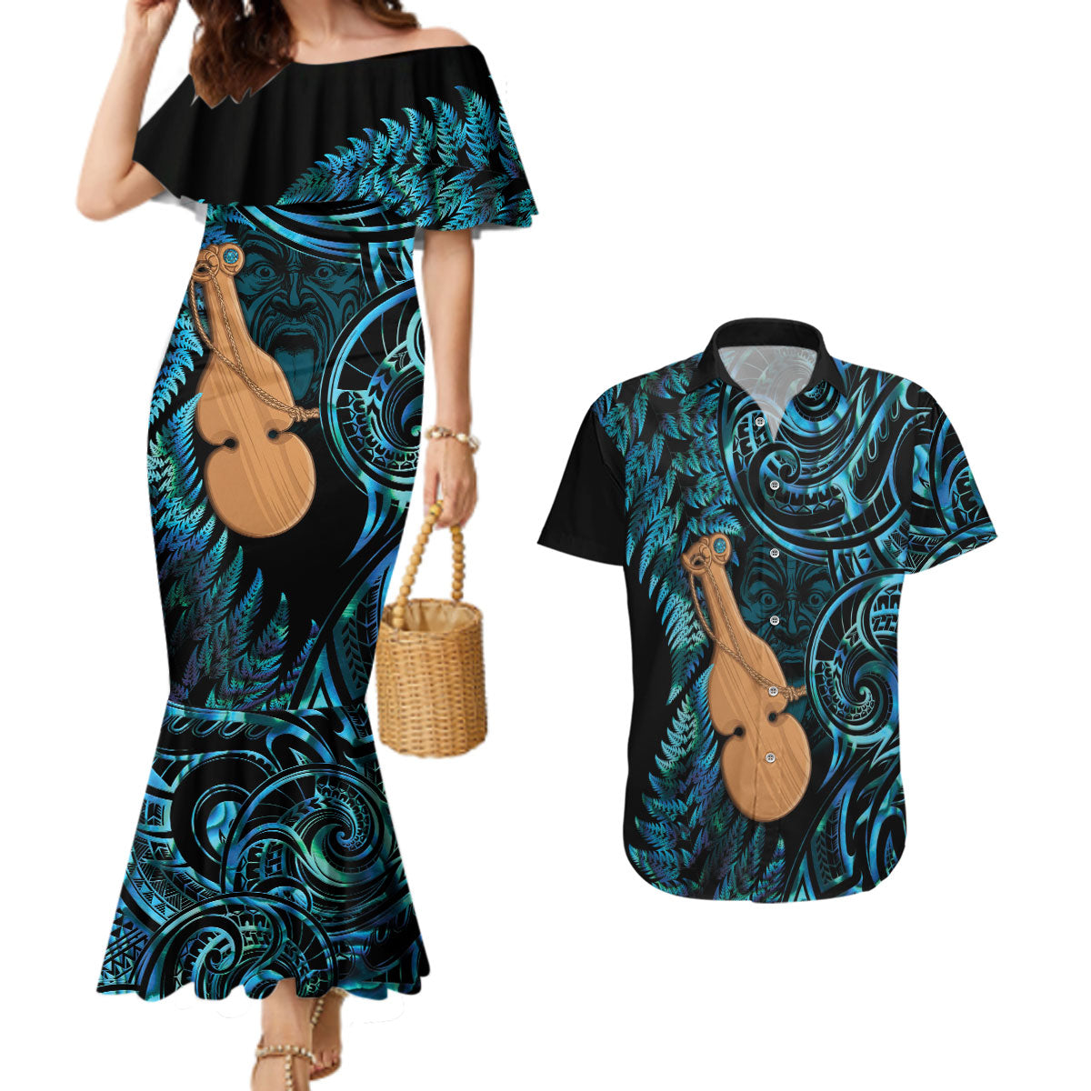 Kotiate New Zealand Couples Matching Mermaid Dress and Hawaiian Shirt Maori Weapon Paua Shell Haka Fern