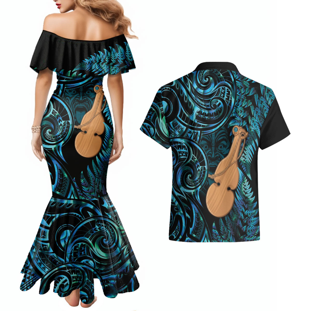 Kotiate New Zealand Couples Matching Mermaid Dress and Hawaiian Shirt Maori Weapon Paua Shell Haka Fern