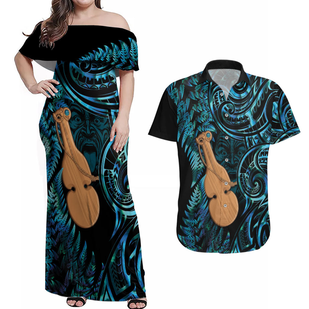 Kotiate New Zealand Couples Matching Off Shoulder Maxi Dress and Hawaiian Shirt Maori Weapon Paua Shell Haka Fern