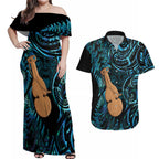 Kotiate New Zealand Couples Matching Off Shoulder Maxi Dress and Hawaiian Shirt Maori Weapon Paua Shell Haka Fern