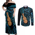 Kotiate New Zealand Couples Matching Off Shoulder Maxi Dress and Long Sleeve Button Shirt Maori Weapon Paua Shell Haka Fern