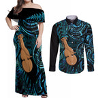 Kotiate New Zealand Couples Matching Off Shoulder Maxi Dress and Long Sleeve Button Shirt Maori Weapon Paua Shell Haka Fern