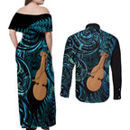 Kotiate New Zealand Couples Matching Off Shoulder Maxi Dress and Long Sleeve Button Shirt Maori Weapon Paua Shell Haka Fern