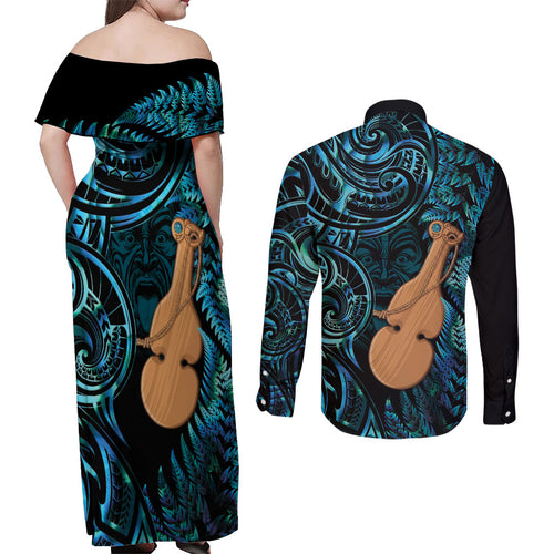 Kotiate New Zealand Couples Matching Off Shoulder Maxi Dress and Long Sleeve Button Shirt Maori Weapon Paua Shell Haka Fern