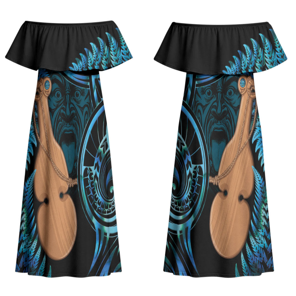Kotiate New Zealand Couples Matching Off Shoulder Maxi Dress and Long Sleeve Button Shirt Maori Weapon Paua Shell Haka Fern LT14