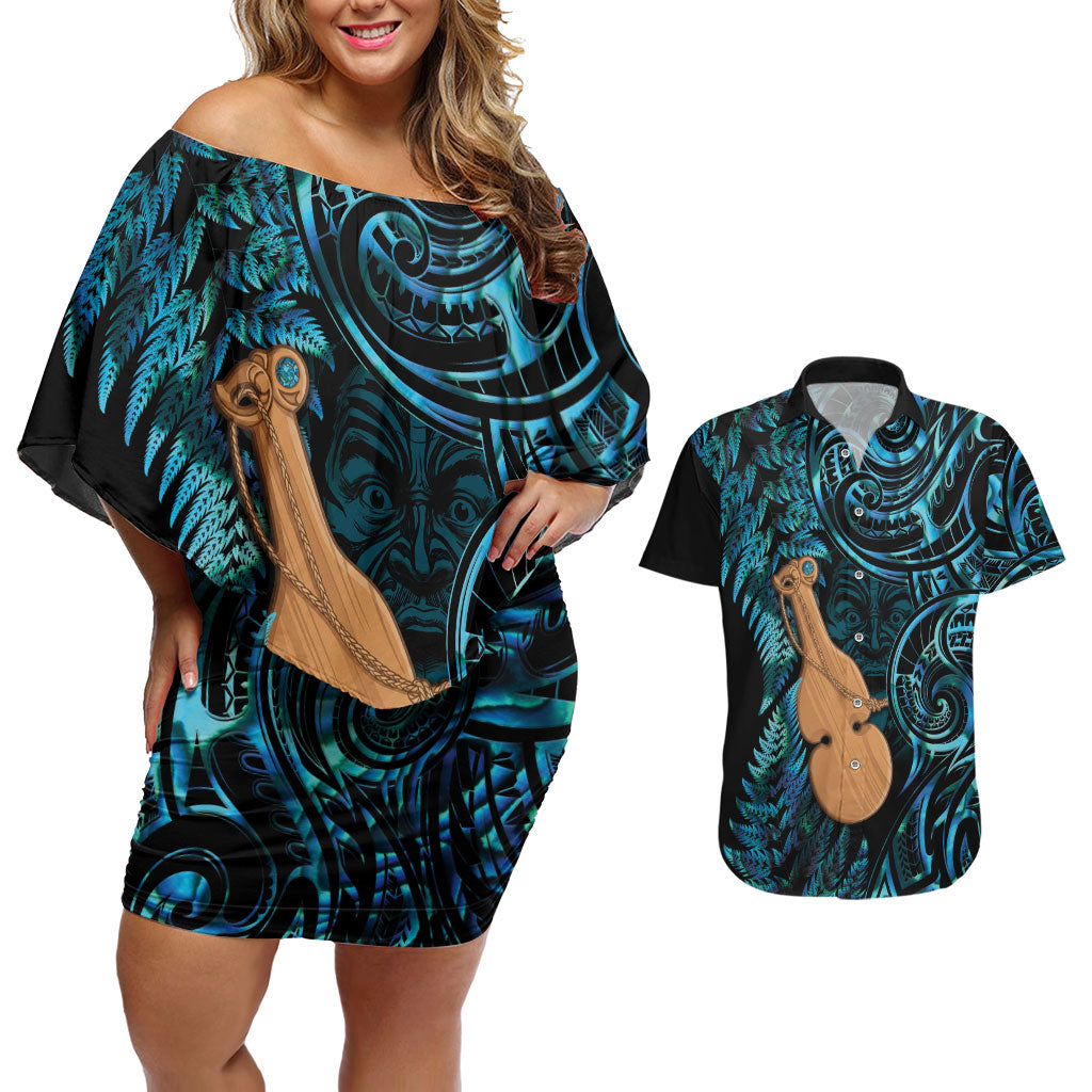 Kotiate New Zealand Couples Matching Off Shoulder Short Dress and Hawaiian Shirt Maori Weapon Paua Shell Haka Fern