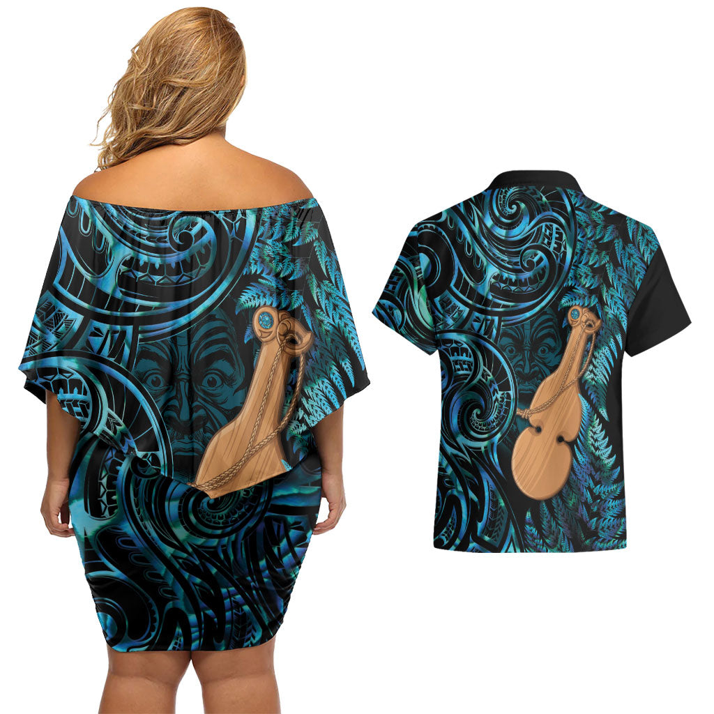 Kotiate New Zealand Couples Matching Off Shoulder Short Dress and Hawaiian Shirt Maori Weapon Paua Shell Haka Fern