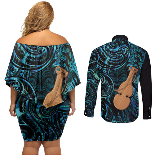 Kotiate New Zealand Couples Matching Off Shoulder Short Dress and Long Sleeve Button Shirt Maori Weapon Paua Shell Haka Fern