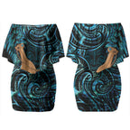 Kotiate New Zealand Couples Matching Off Shoulder Short Dress and Long Sleeve Button Shirt Maori Weapon Paua Shell Haka Fern LT14