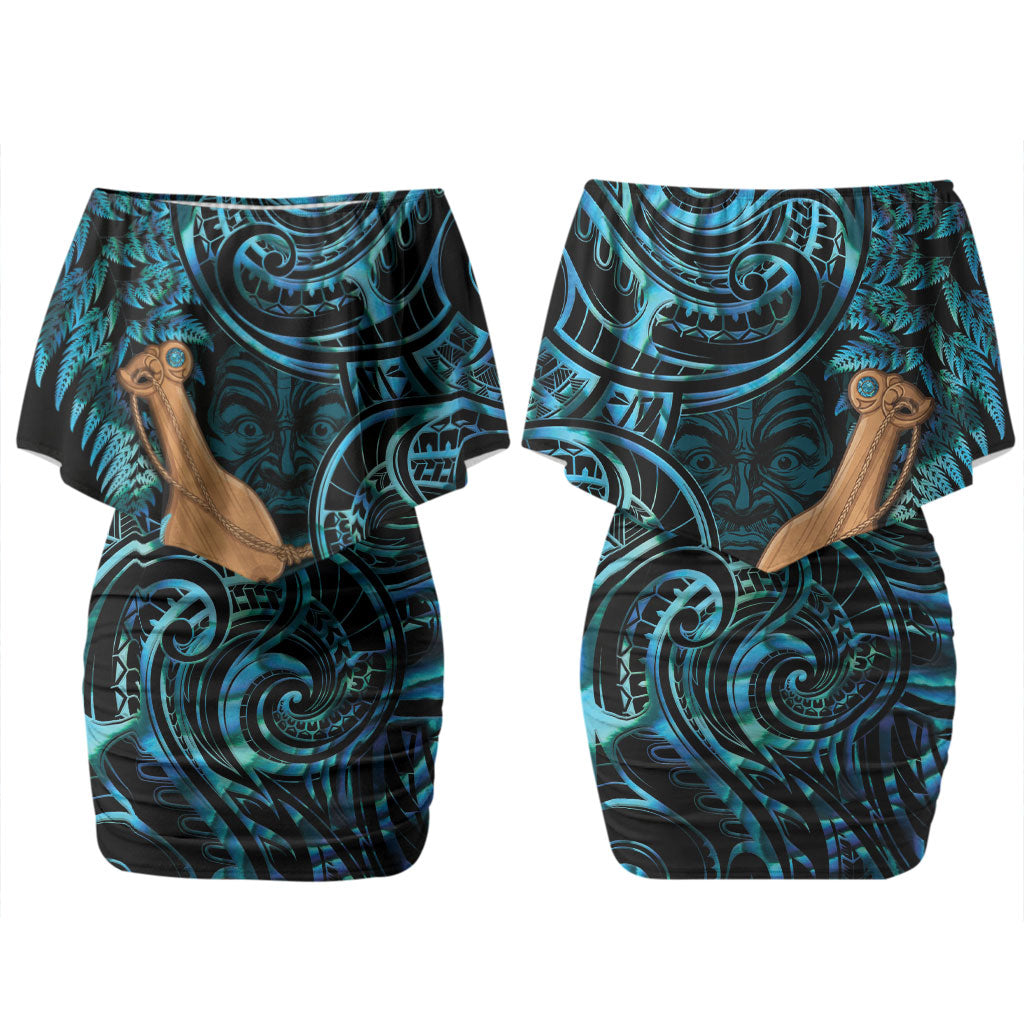Kotiate New Zealand Couples Matching Off Shoulder Short Dress and Long Sleeve Button Shirt Maori Weapon Paua Shell Haka Fern LT14