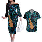 Kotiate New Zealand Couples Matching Off The Shoulder Long Sleeve Dress and Hawaiian Shirt Maori Weapon Paua Shell Haka Fern