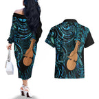 Kotiate New Zealand Couples Matching Off The Shoulder Long Sleeve Dress and Hawaiian Shirt Maori Weapon Paua Shell Haka Fern