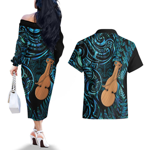 Kotiate New Zealand Couples Matching Off The Shoulder Long Sleeve Dress and Hawaiian Shirt Maori Weapon Paua Shell Haka Fern