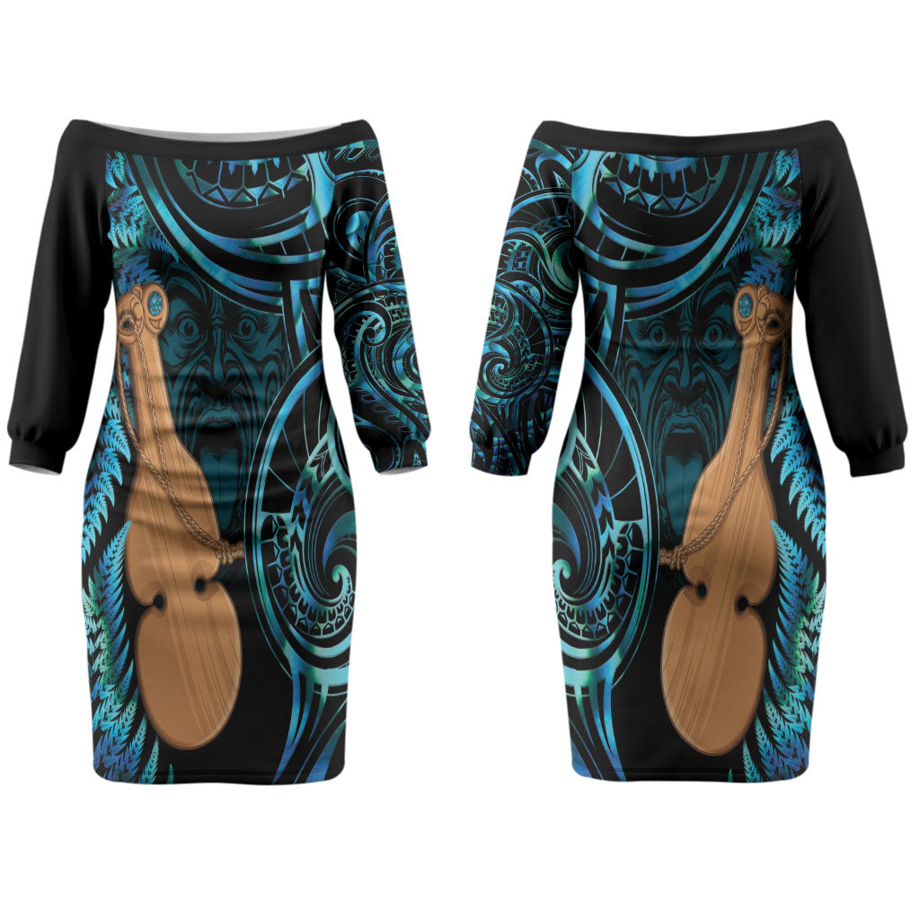 Kotiate New Zealand Couples Matching Off The Shoulder Long Sleeve Dress and Hawaiian Shirt Maori Weapon Paua Shell Haka Fern LT14