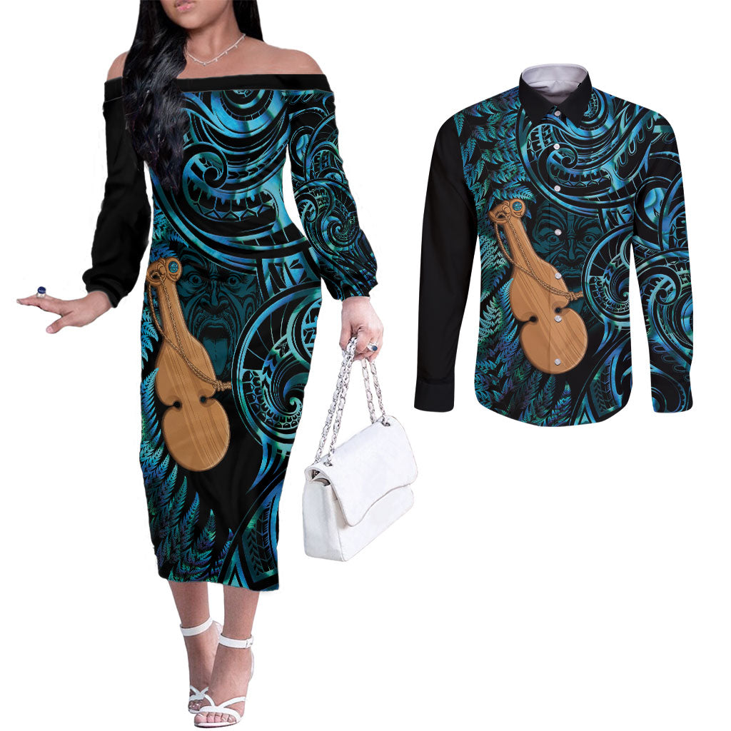 Kotiate New Zealand Couples Matching Off The Shoulder Long Sleeve Dress and Long Sleeve Button Shirt Maori Weapon Paua Shell Haka Fern
