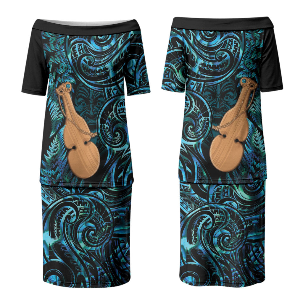 Kotiate New Zealand Couples Matching Puletasi and Long Sleeve Button Shirt Maori Weapon Paua Shell Haka Fern LT14