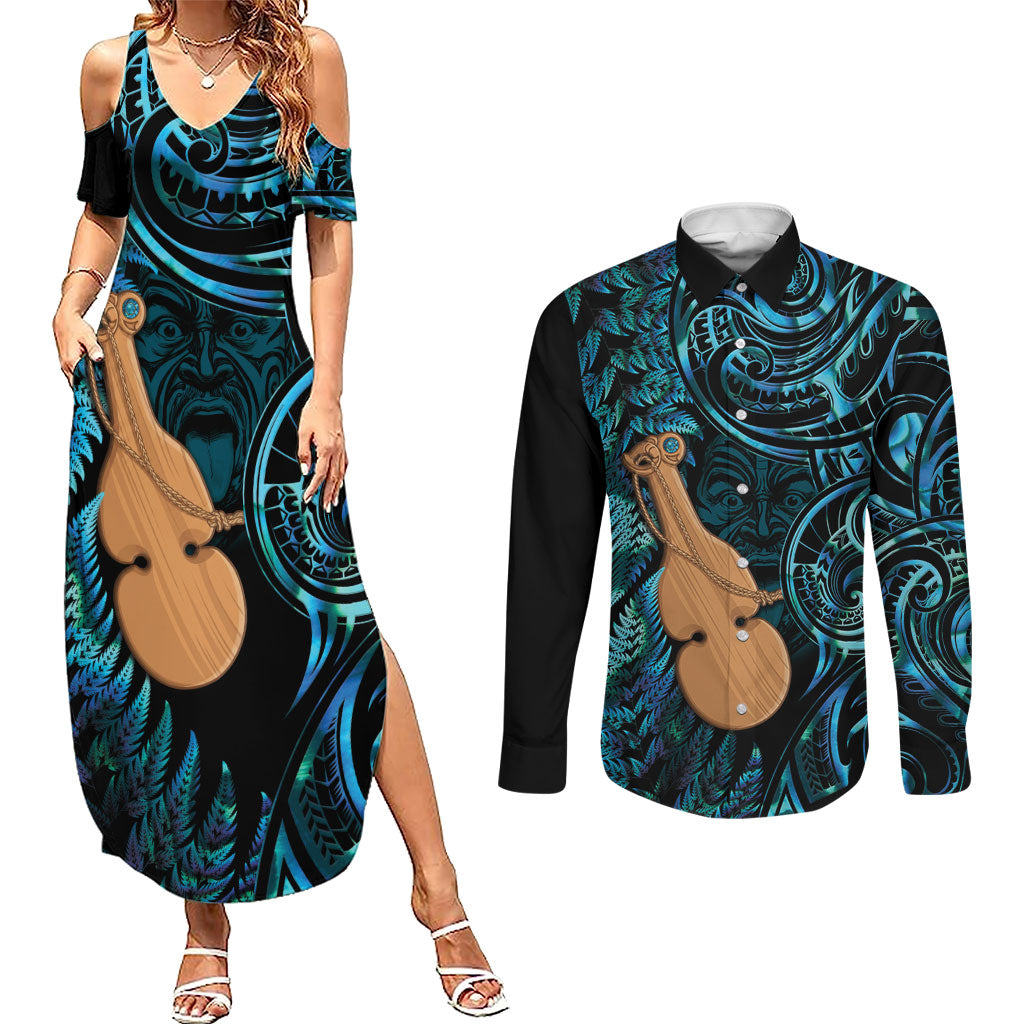 Kotiate New Zealand Couples Matching Summer Maxi Dress and Long Sleeve Button Shirt Maori Weapon Paua Shell Haka Fern