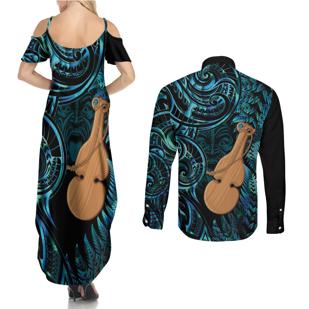 Kotiate New Zealand Couples Matching Summer Maxi Dress and Long Sleeve Button Shirt Maori Weapon Paua Shell Haka Fern