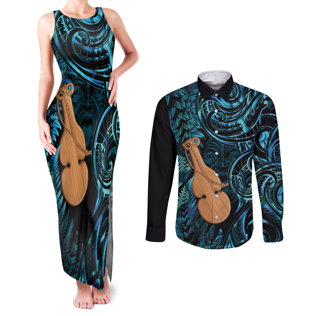 Kotiate New Zealand Couples Matching Tank Maxi Dress and Long Sleeve Button Shirt Maori Weapon Paua Shell Haka Fern