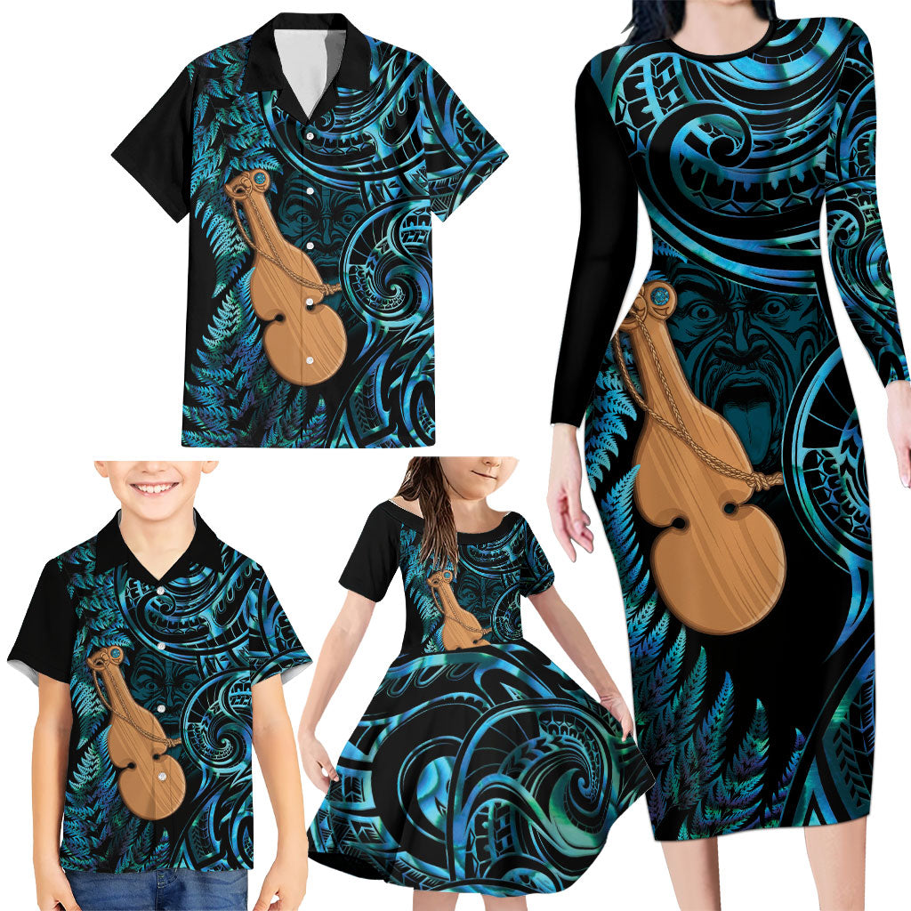 Kotiate New Zealand Family Matching Long Sleeve Bodycon Dress and Hawaiian Shirt Maori Weapon Paua Shell Haka Fern