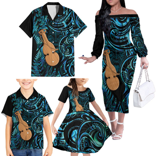 Kotiate New Zealand Family Matching Off The Shoulder Long Sleeve Dress and Hawaiian Shirt Maori Weapon Paua Shell Haka Fern