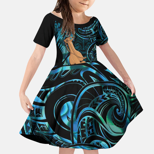 Kotiate New Zealand Family Matching Off The Shoulder Long Sleeve Dress and Hawaiian Shirt Maori Weapon Paua Shell Haka Fern