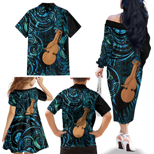 Kotiate New Zealand Family Matching Off The Shoulder Long Sleeve Dress and Hawaiian Shirt Maori Weapon Paua Shell Haka Fern