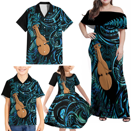 Kotiate New Zealand Family Matching Off Shoulder Maxi Dress and Hawaiian Shirt Maori Weapon Paua Shell Haka Fern