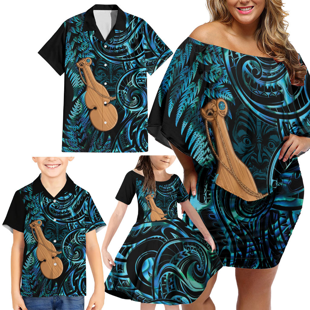 Kotiate New Zealand Family Matching Off Shoulder Short Dress and Hawaiian Shirt Maori Weapon Paua Shell Haka Fern
