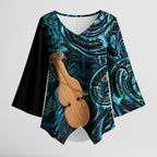Kotiate New Zealand Kimono Sleeve Blouse Maori Weapon Paua Shell Haka Fern