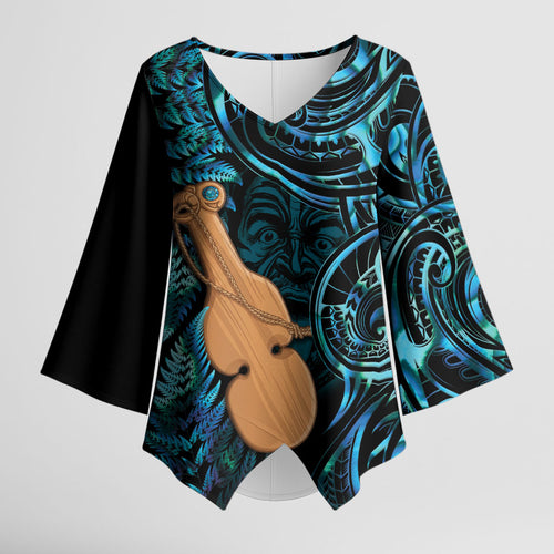 Kotiate New Zealand Kimono Sleeve Blouse Maori Weapon Paua Shell Haka Fern
