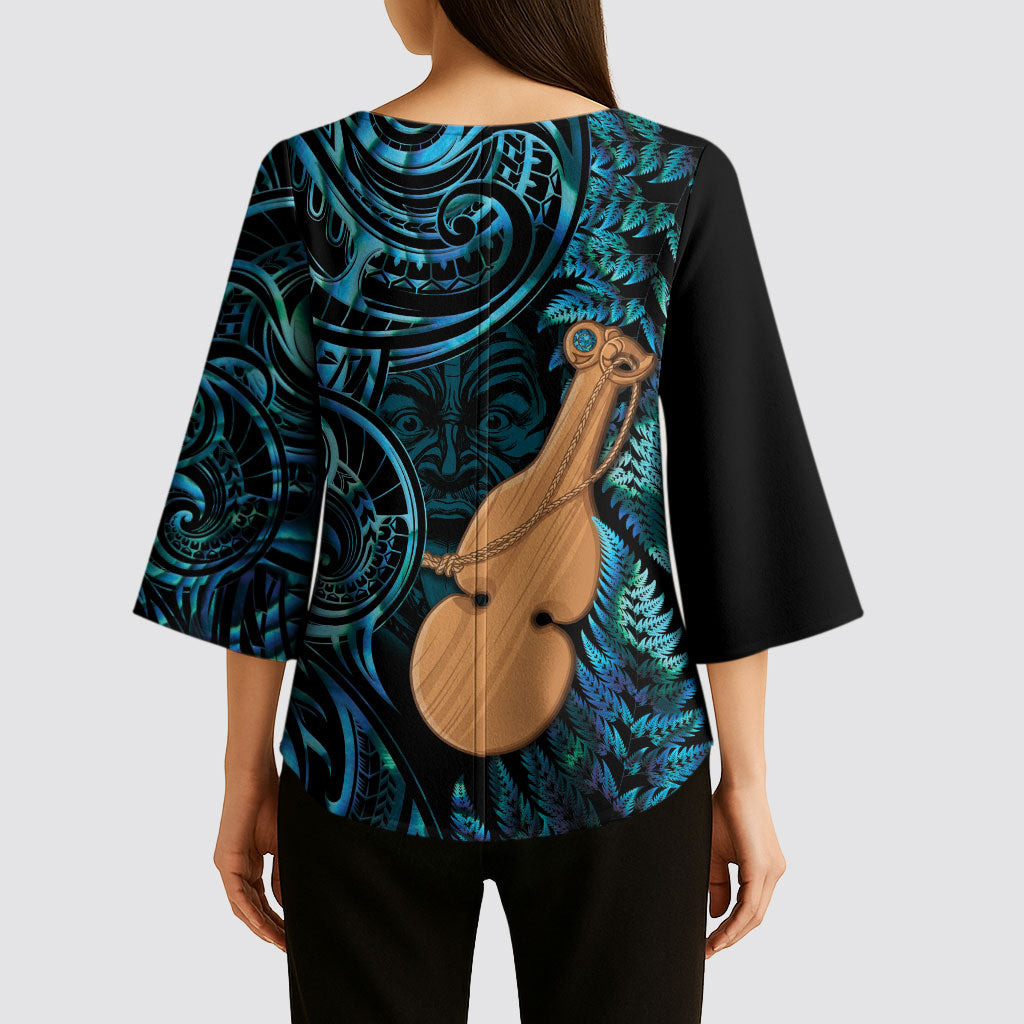 Kotiate New Zealand Kimono Sleeve Blouse Maori Weapon Paua Shell Haka Fern