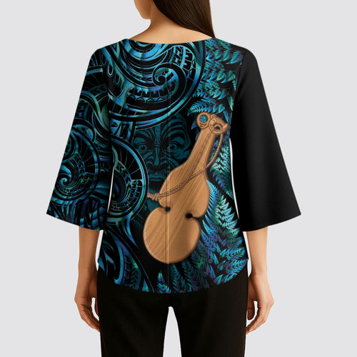 Kotiate New Zealand Kimono Sleeve Blouse Maori Weapon Paua Shell Haka Fern