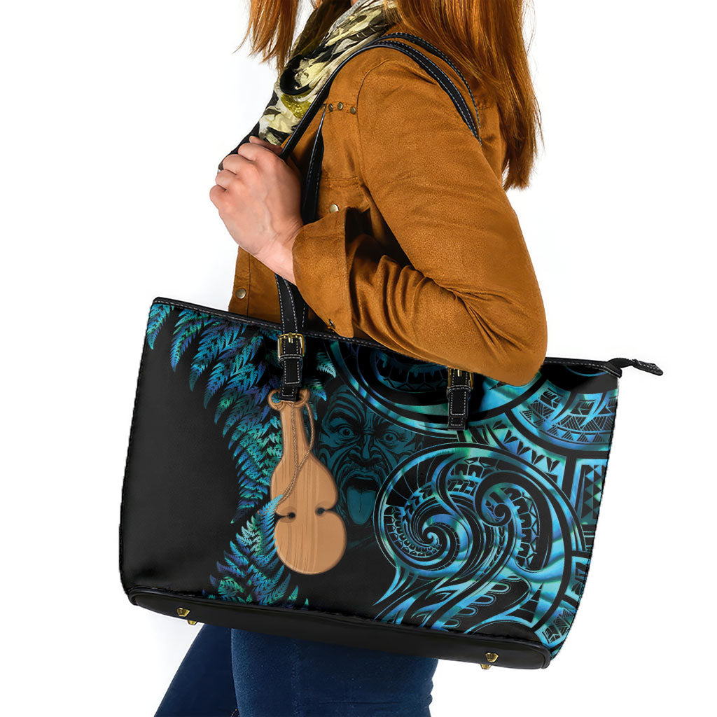 Kotiate New Zealand Leather Tote Bag Maori Weapon Paua Shell Haka Fern