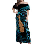 Kotiate New Zealand Off Shoulder Maxi Dress Maori Weapon Paua Shell Haka Fern
