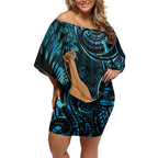 Kotiate New Zealand Off Shoulder Short Dress Maori Weapon Paua Shell Haka Fern