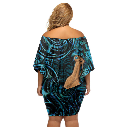 Kotiate New Zealand Off Shoulder Short Dress Maori Weapon Paua Shell Haka Fern