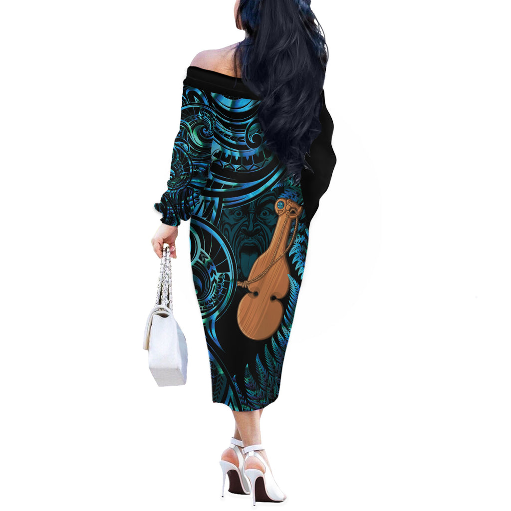 Kotiate New Zealand Off The Shoulder Long Sleeve Dress Maori Weapon Paua Shell Haka Fern