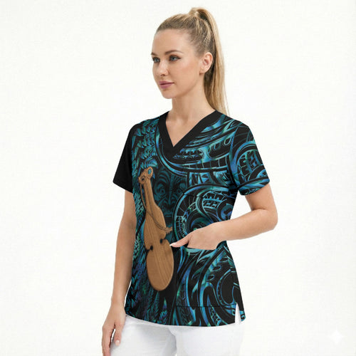 Kotiate New Zealand Scrub Top Maori Weapon Paua Shell Haka Fern