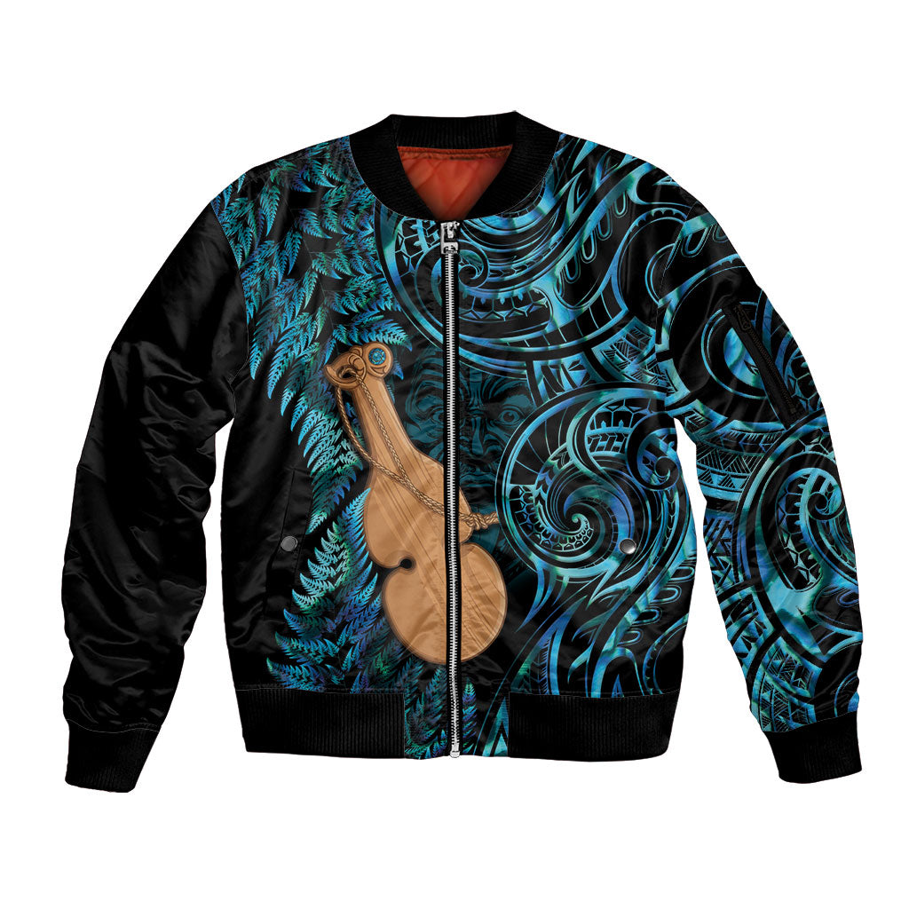 Kotiate New Zealand Sleeve Zip Bomber Jacket Maori Weapon Paua Shell Haka Fern