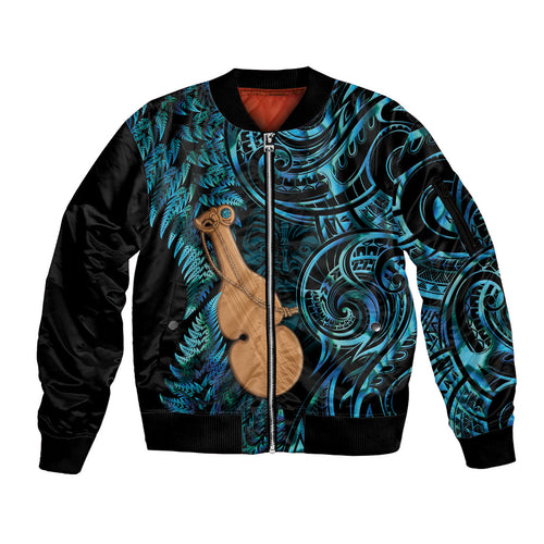 Kotiate New Zealand Sleeve Zip Bomber Jacket Maori Weapon Paua Shell Haka Fern