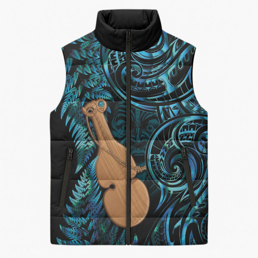 Kotiate New Zealand Sleeveless Puffer Jacket Maori Weapon Paua Shell Haka Fern